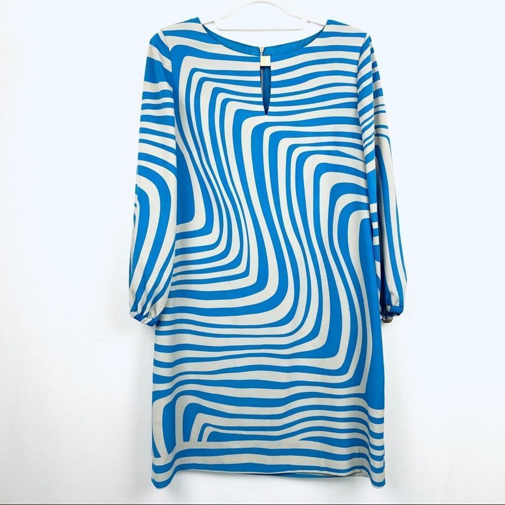 Tahari Blue Swirl Striped Dress Gold Accents Sz 4